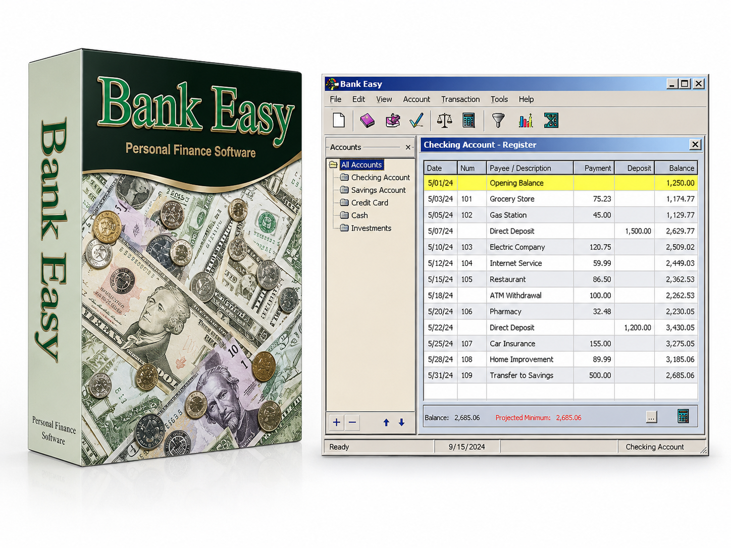 Bank Easy software box and checkbook register screenshot